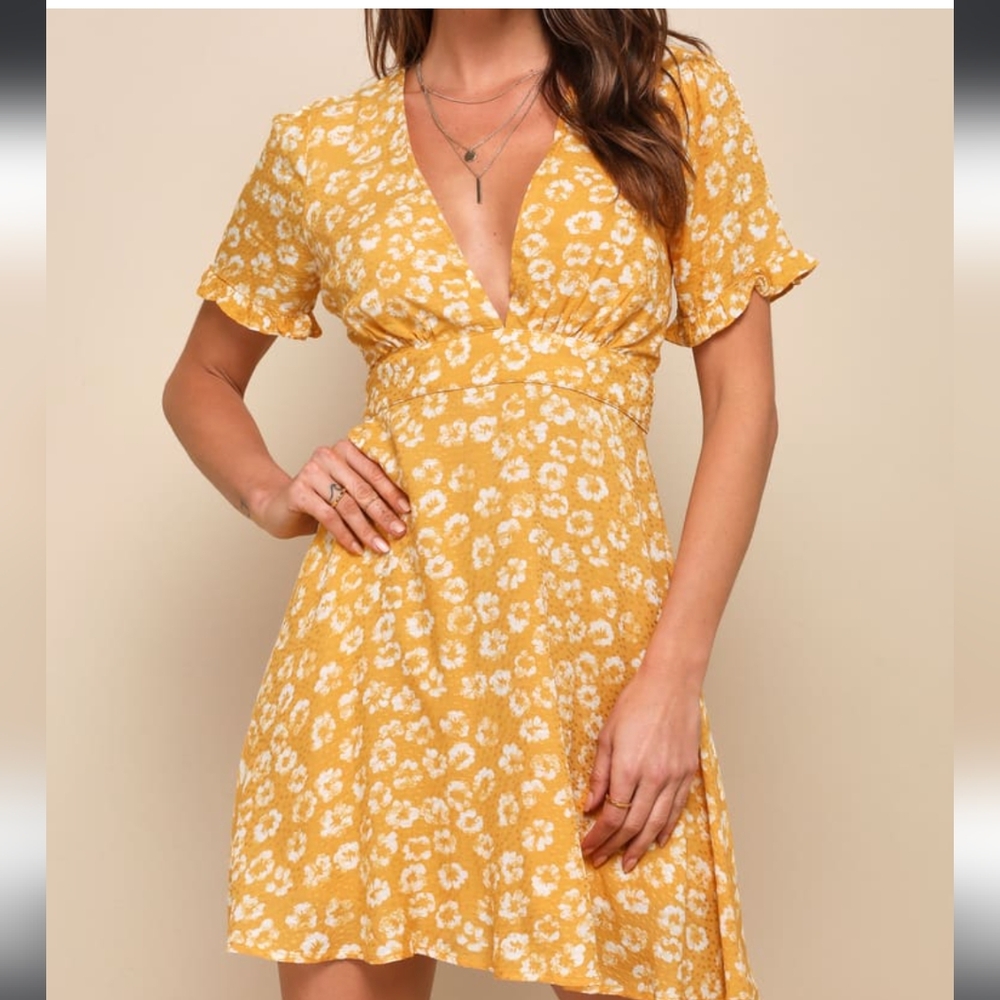 Lulu's Garden Explorer Mustard Yellow Floral Print Mini Dress